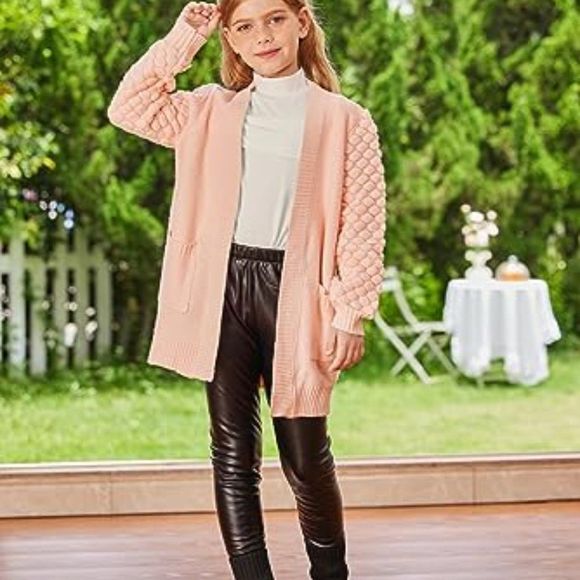 Girls Cardigan Long Open Front Pom Pom Knit Sweater with Pockets School Uniform - Picture 2 of 6